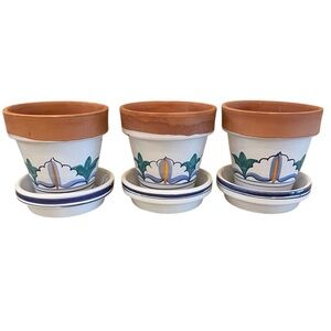 Set/3 Italian terracotta flower pots & water dish Handpainted glazed white blue